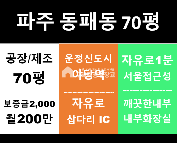 경기 파주시 동패동 운정 신도시 앞 교통 좋은 70평 넓은 창고 임대 월세 매물번호 10327 사진 2